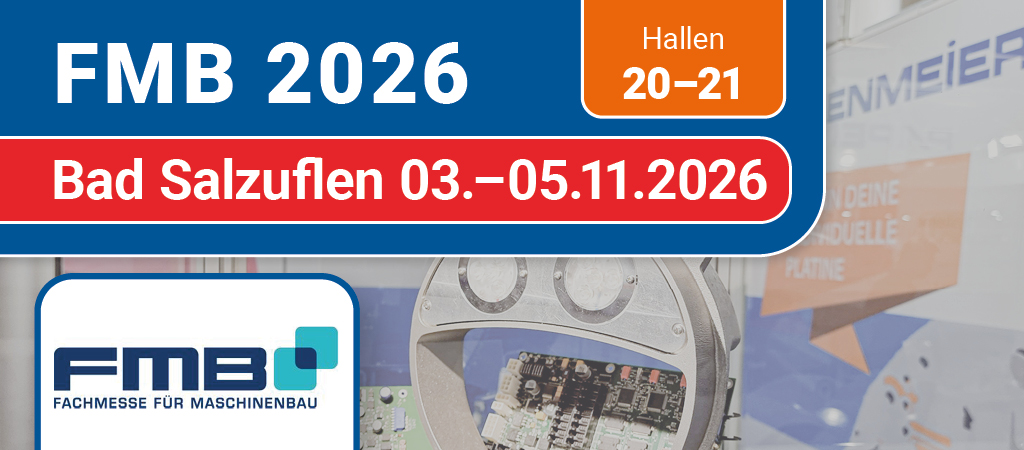 Banner: FMB 2026 – Fachmesse für Maschinenbau, Bad Salzuflen, 03.–05.11.2026, Hallen 20–21. FMB-Logo, Papenmeier-Stand mit Elektronikplatine.
