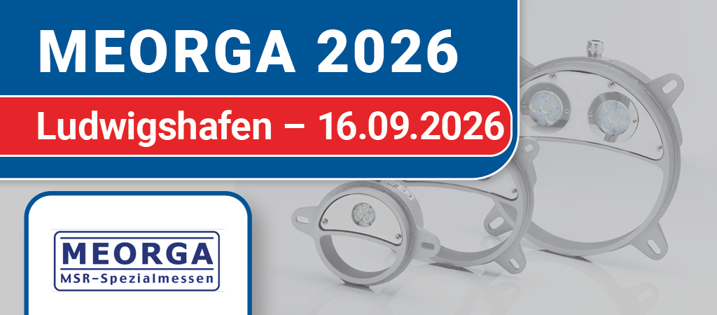 Banner: MEORGA MSR-Spezialmesse, Ludwigshafen, 16.09.2026. MEORGA-Logo, im Hintergrund runde Industriekomponenten aus Metall.